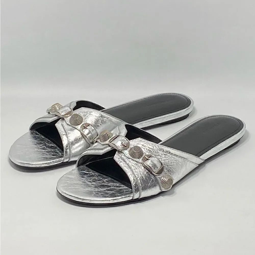 Balenciaga Cagole Metallic Leather Flat Sandals size 40